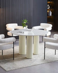 Table repas ANAIS PIED BEIGE PLATEAU CERAMIQUE MARBRE BLANC 120cm