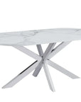 Table de repas MANON PIED CHROME PLATEAU CERAMIQUE MARBRE BLANC 180x90cm
