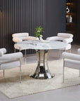 Table à manger JUDITH RONDE CHROME PLATEAU CERAMIQUE MARBRE BLANC 120cm