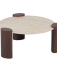 Table basse Triquetra – Alliance du noyer et du travertin mat