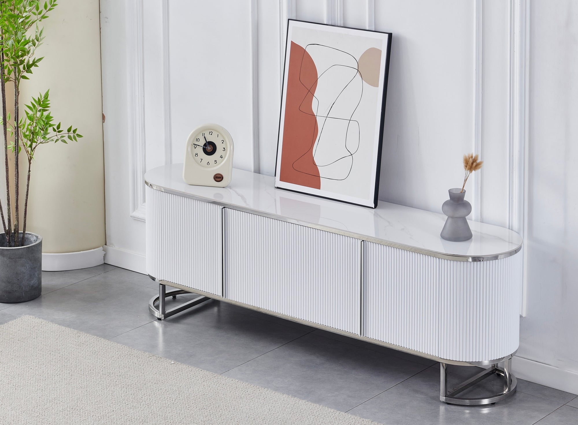 MEUBLE TV ESMEE ARGENT CERAMIQUE MARBRE BLANC GRIS