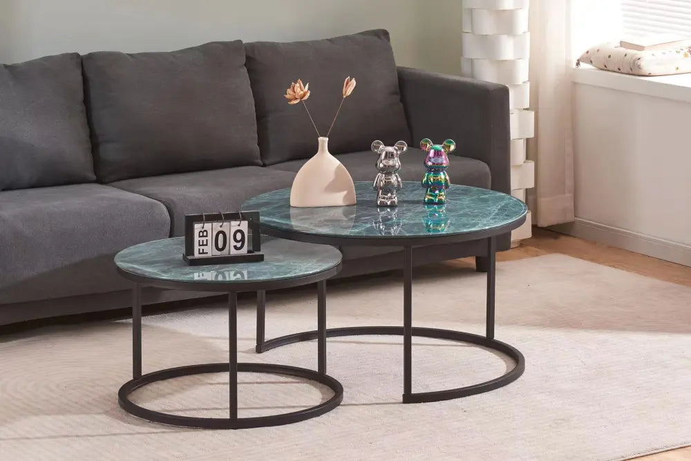 Lot de 2 tables Basses Gigogne ARTO métal noir et plateau en verre