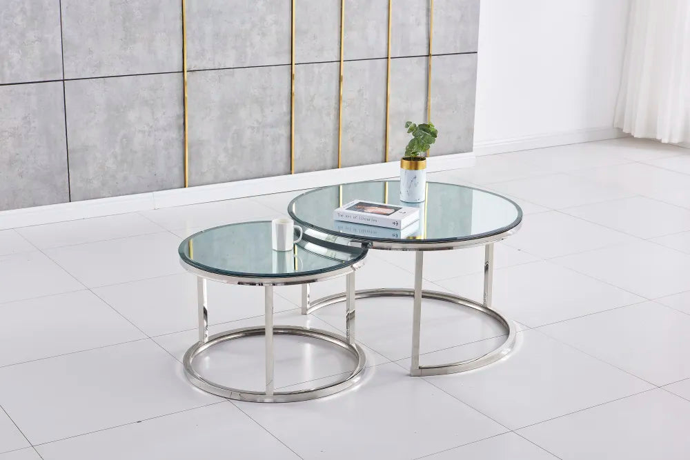 Lot de 2 tables Basses Gigogne ARTO inox et plateau en verre