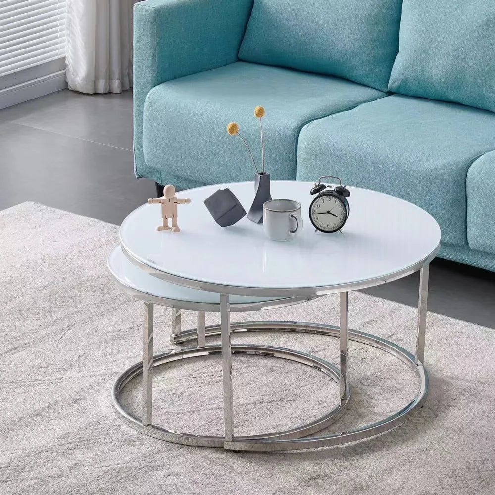Lot de 2 tables Basses Gigogne ARTO inox et plateau en verre