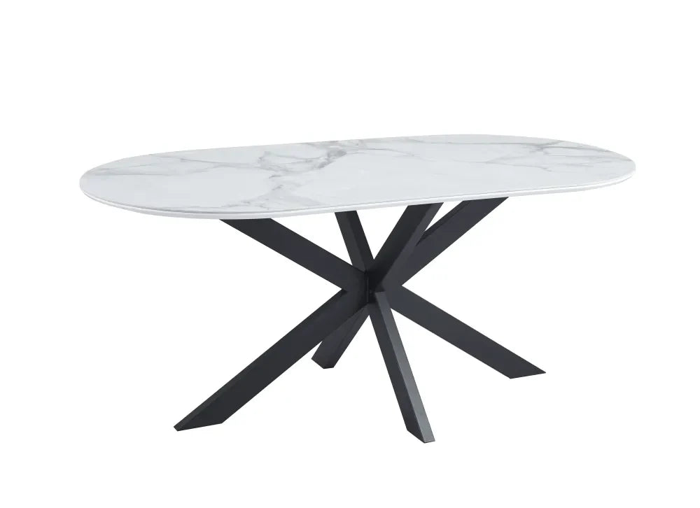 Table de repas MANON PIED NOIR PLATEAU CERAMIQUE MARBRE BLANC 180x90cm