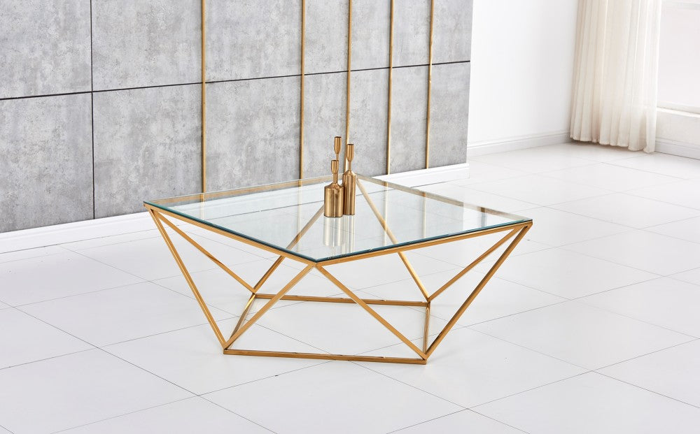 Table Basse ALINA Gold plateau en verre trempé 80x80x45 cm