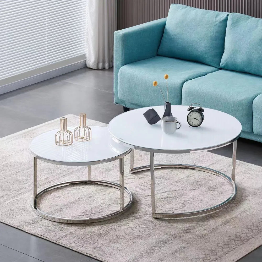 Lot de 2 tables Basses Gigogne ARTO inox et plateau en verre