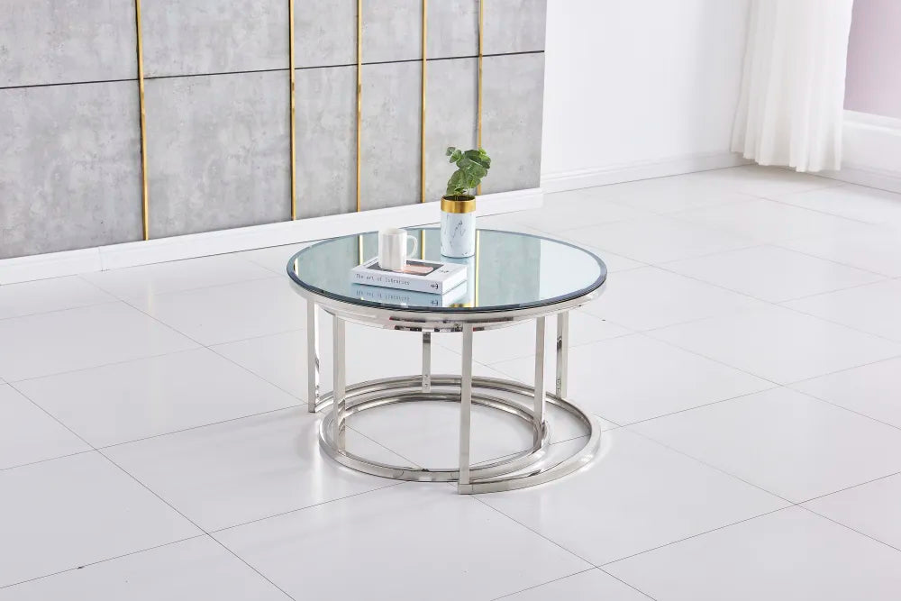 Lot de 2 tables Basses Gigogne ARTO inox et plateau en verre