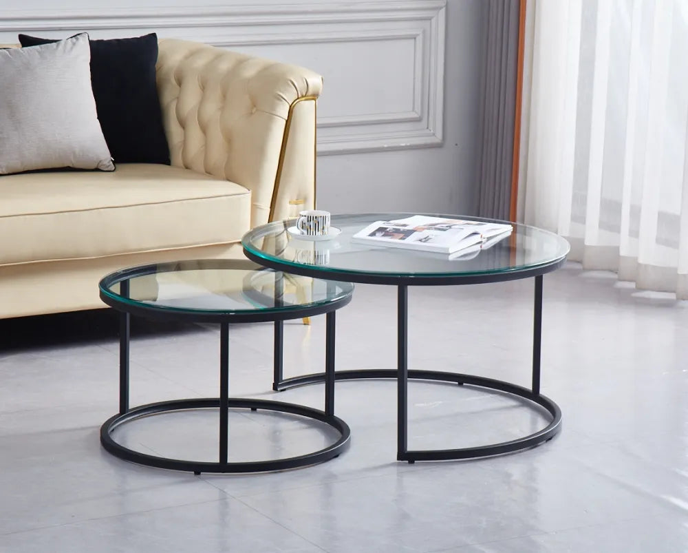 Lot de 2 tables Basses Gigogne ARTO métal noir et plateau en verre