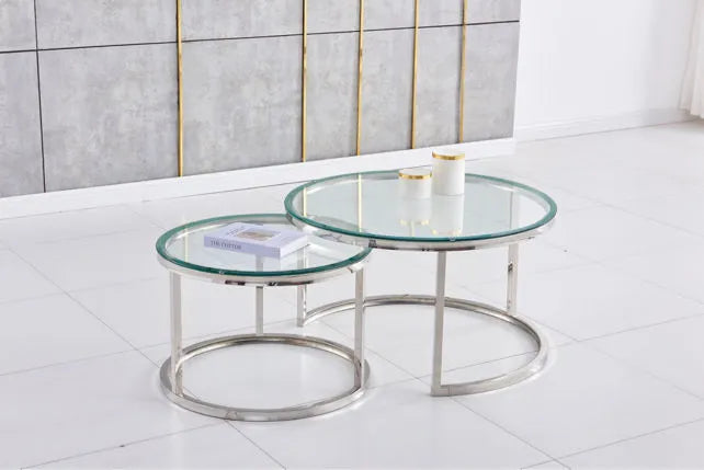 Lot de 2 tables Basses Gigogne ARTO inox et plateau en verre